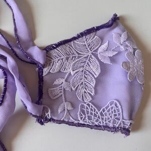 Lavender Embroidered Lace Tie Face Mask Cottagecore Fairycore Handmade Covid/Flu